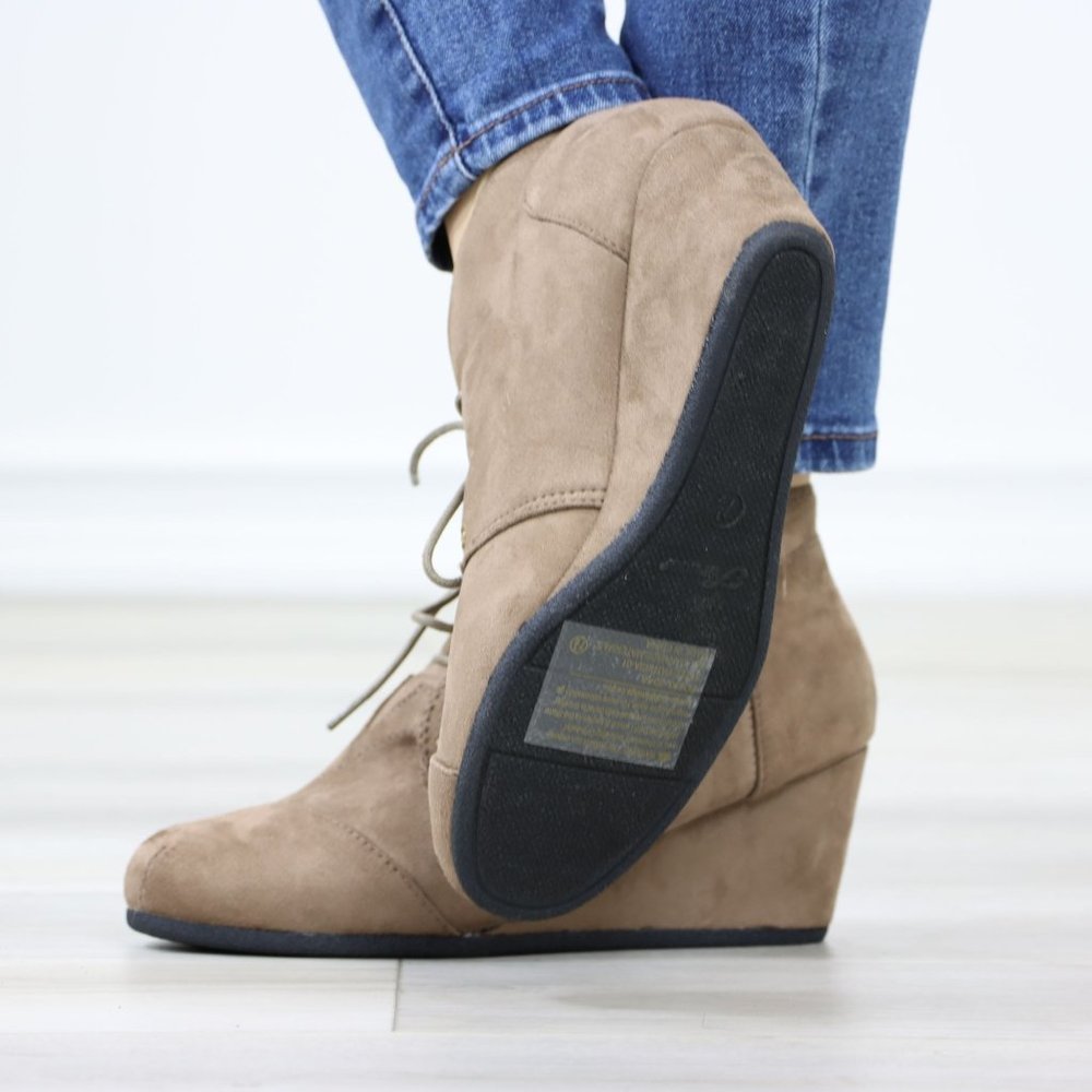 Taupe Faux Suede Round Toe Wedge Heel Lace Up Ankle Boots - Picture 12 of 12